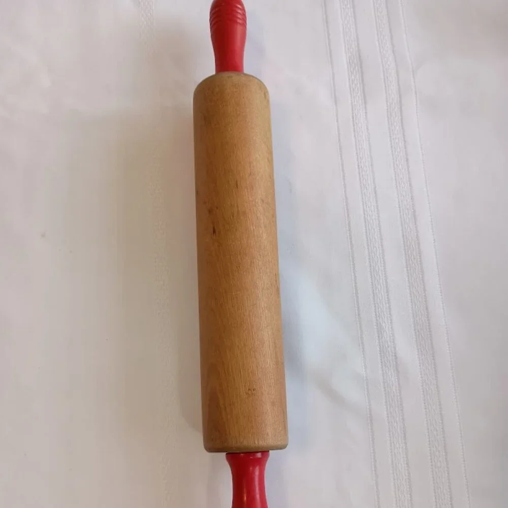 Vintage Wood Rolling Pin with Red Handles